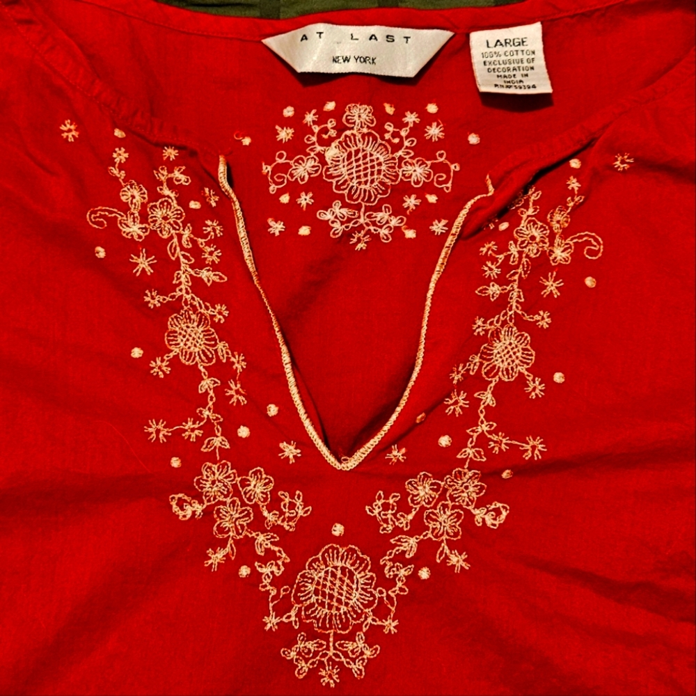 At Last New York Red Embroidered Blouse Size Large